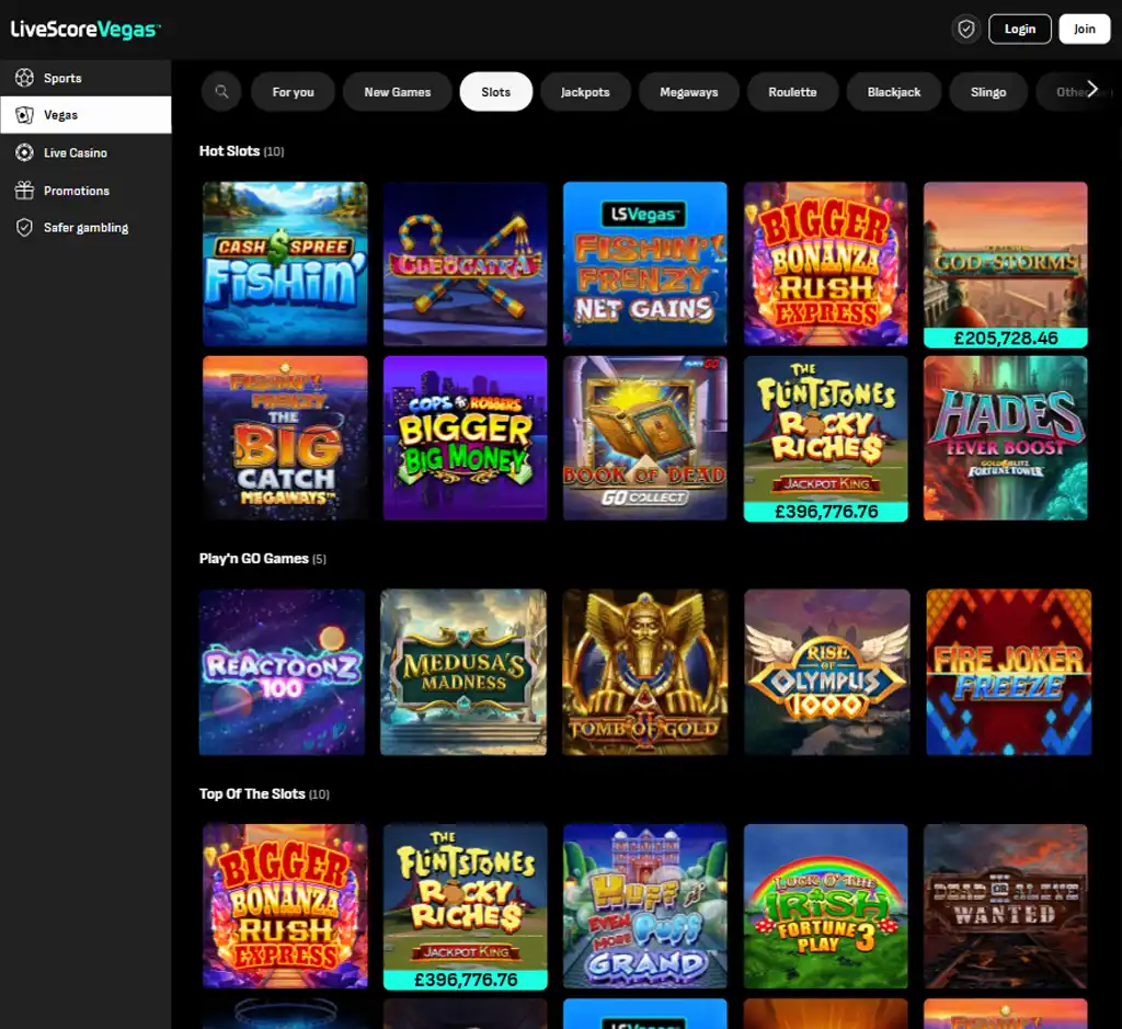 Live Score Bet Casino desktop slots lobby screenshot presenting variety of slot games with categories and providers - tested