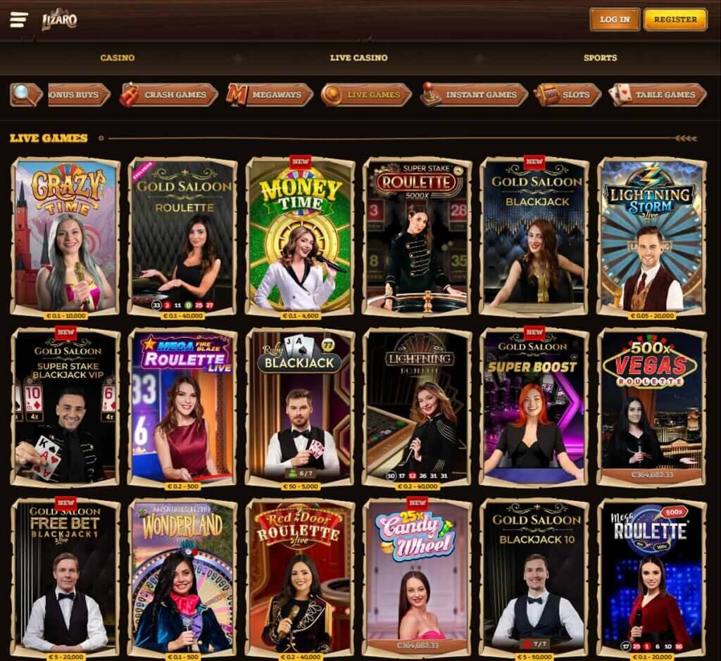 Lizaro Casino desktop live casino games screenshot showing multiple dealer tables – tested
