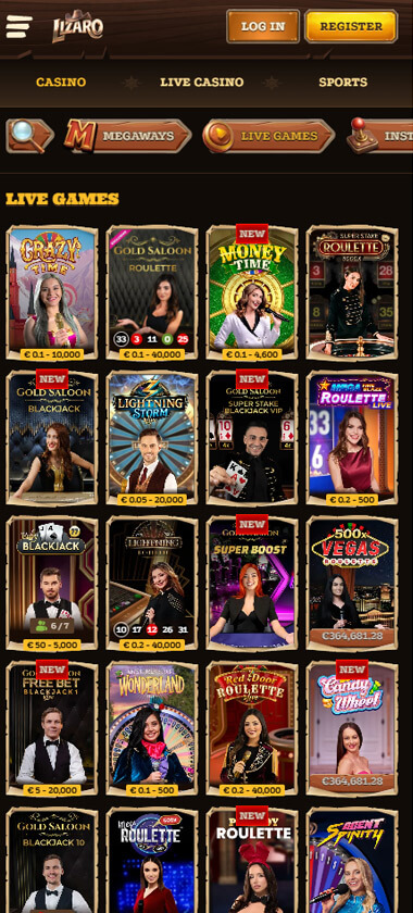 Lizaro Casino mobile live casino games screenshot showing dealer table selection – tested