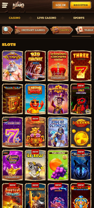 Lizaro Casino mobile slots screenshot showing popular slot titles and categories – tested