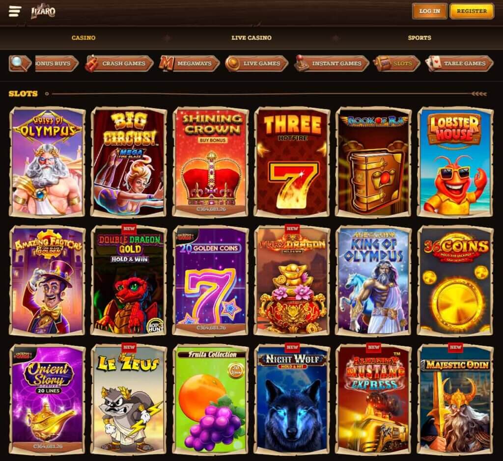 Lizaro Casino desktop slots variety screenshot displaying top slot games and categories – tested