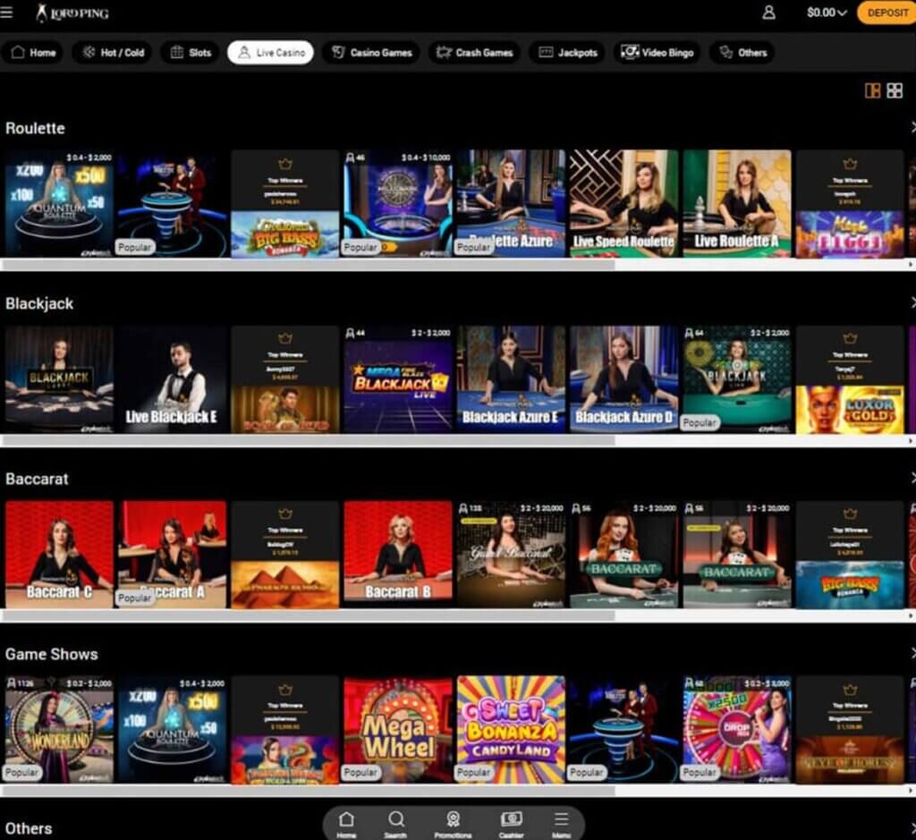 Lord Ping desktop live casino screenshot showing real-dealer games including roulette, blackjack and baccarat with lobby navigation - tested