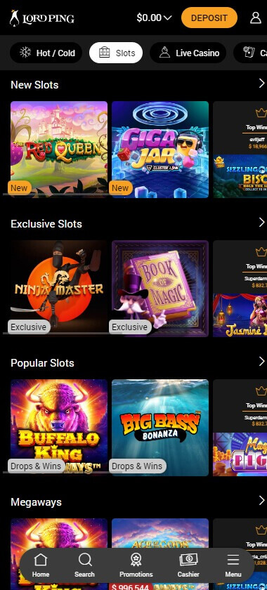 Lord Ping mobile slots screenshot showing slots lobby with featured games, categories and touch-optimized navigation - tested