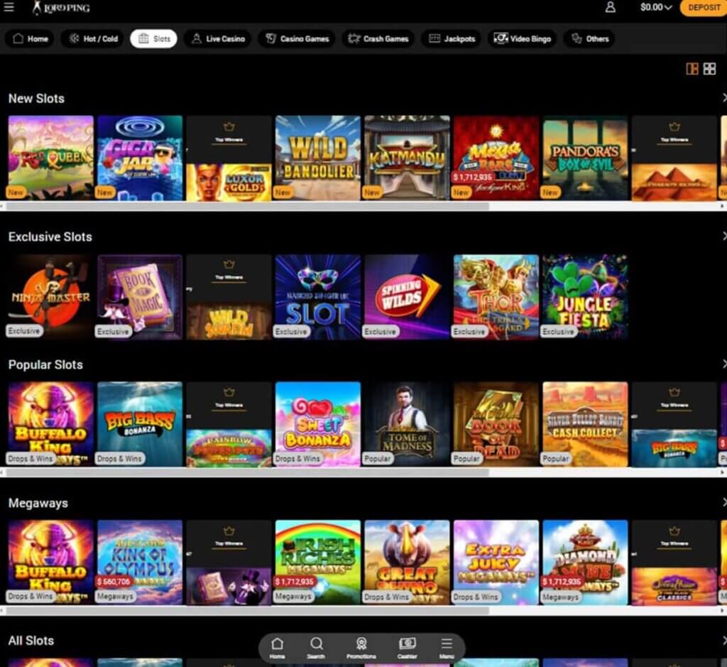 Lord Ping desktop slots screenshot showing slots library with featured titles, game categories and provider filters - tested