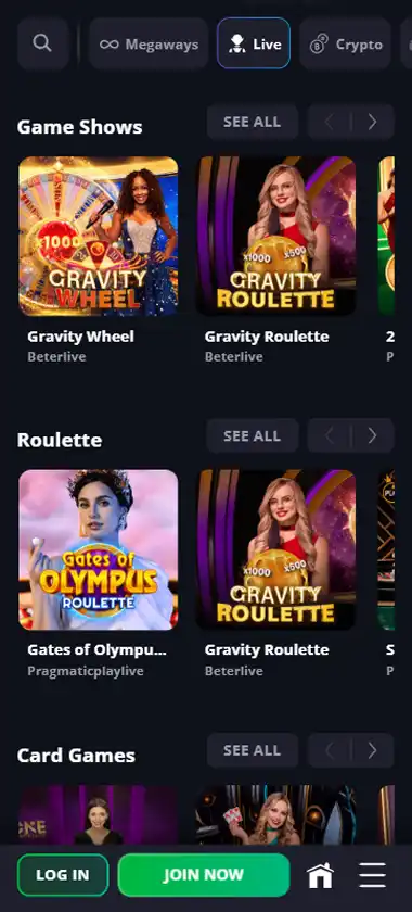 Lucky Elf Casino mobile live casino interface screenshot showing live dealer tables including blackjack and roulette - tested Lucky Elf Casino mobile live casino interface screenshot showing live dealer tables including blackjack and roulette - tested