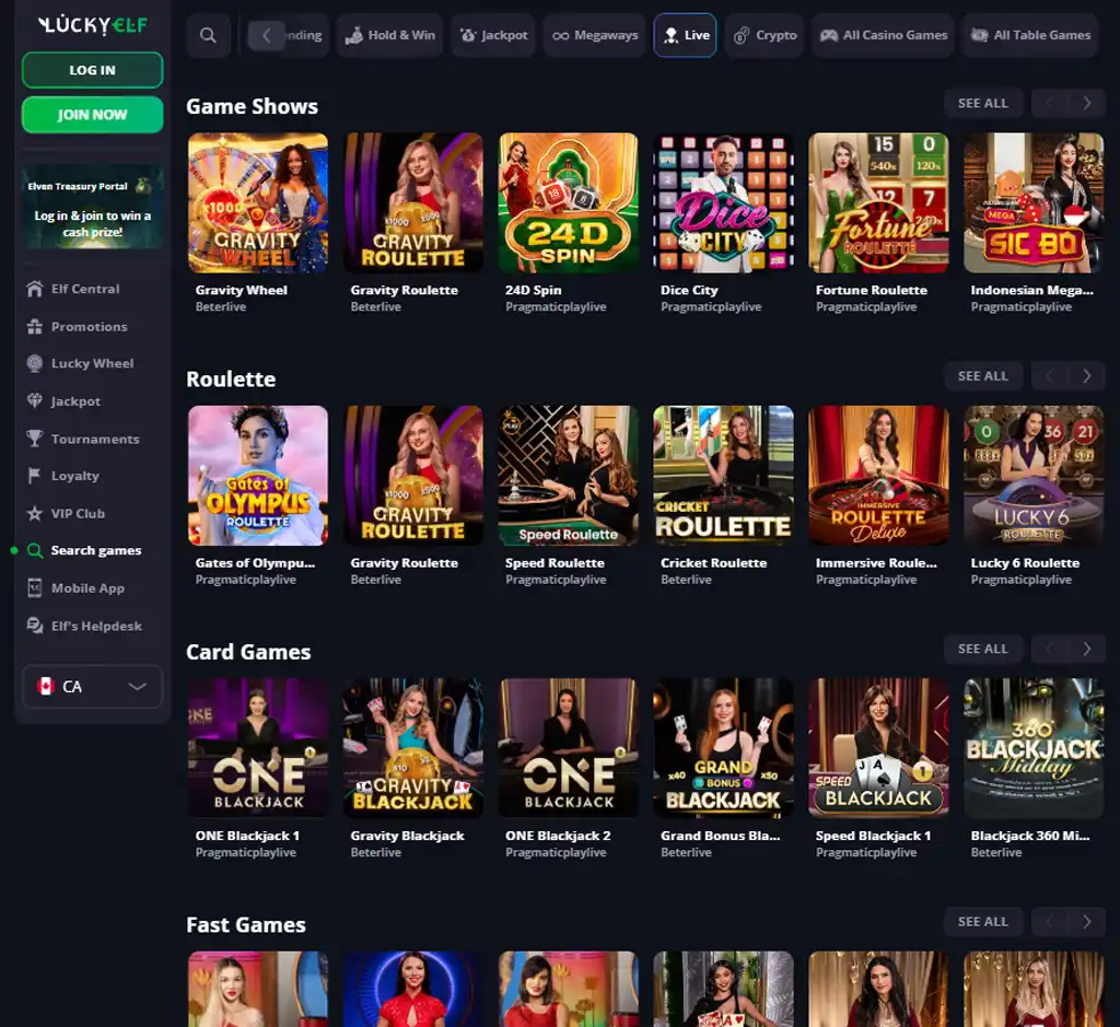 Lucky Elf Casino desktop live casino lobby screenshot featuring live dealer games and real-time streaming interface - review testing Lucky Elf Casino desktop live casino lobby screenshot featuring live dealer games and real-time streaming interface - review testing