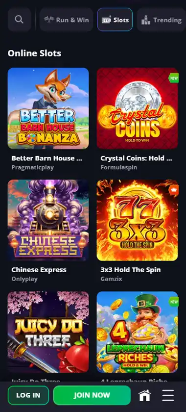 Lucky Elf Casino mobile slots interface screenshot showing slot game selection with popular titles and filtering options - captured during platform testing Lucky Elf Casino mobile slots interface screenshot showing slot game selection with popular titles and filtering options - captured during platform testing