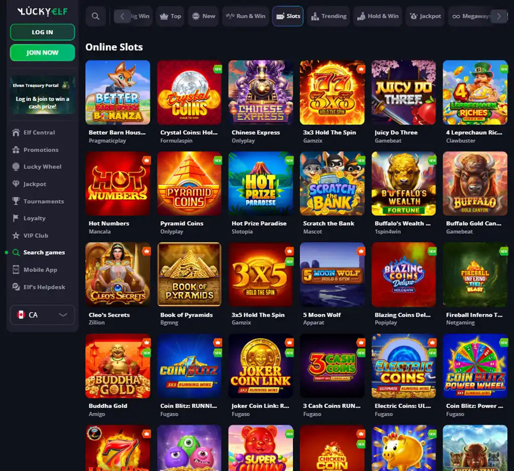 Lucky Elf Casino desktop slots lobby screenshot presenting variety of slot games with categories and providers - verified Lucky Elf Casino desktop slots lobby screenshot presenting variety of slot games with categories and providers - verified