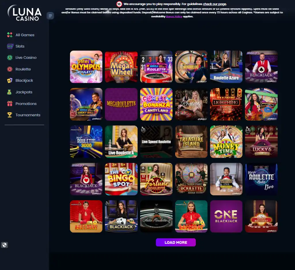 Luna Games Casino desktop live casino lobby screenshot featuring live dealer games and real-time streaming interface - review testing