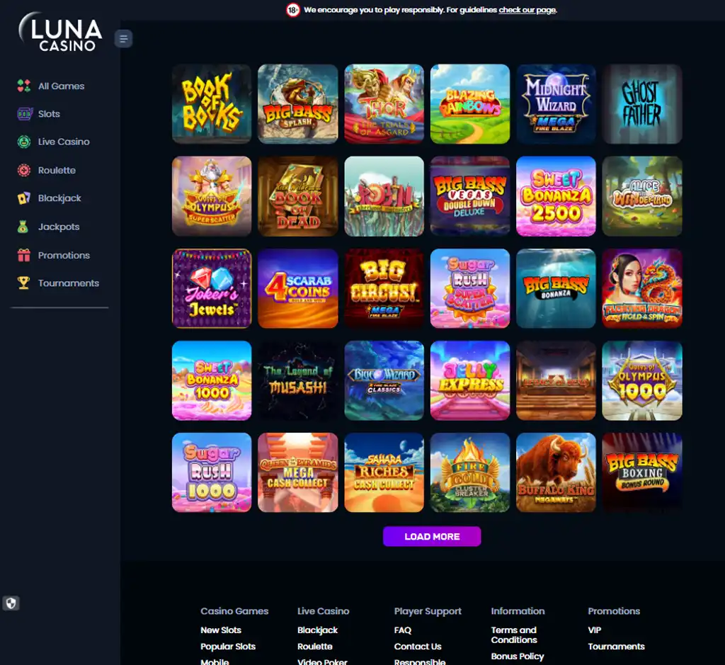 Luna Games Casino desktop slots lobby screenshot presenting variety of slot games with categories and providers - verified