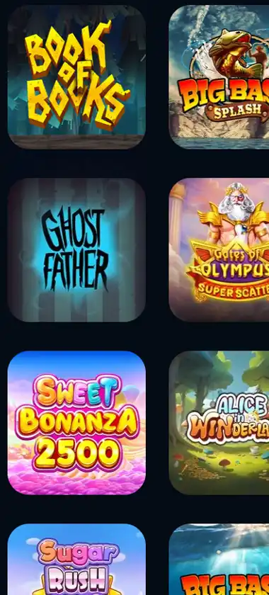 Luna Games Casino mobile slots interface screenshot showing slot game selection with popular titles and filtering options - captured during platform testing