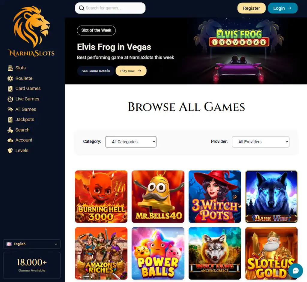 Narnia Slots Casino desktop homepage screenshot displaying main lobby with featured games, promotions and navigation menu - tested Narnia Slots Casino desktop homepage screenshot displaying main lobby with featured games, promotions and navigation menu - tested