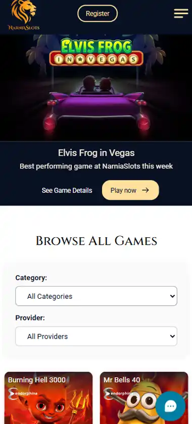 Narnia Slots Casino mobile homepage screenshot showing main lobby with featured games and promotions - captured during platform testing Narnia Slots Casino mobile homepage screenshot showing main lobby with featured games and promotions - captured during platform testing
