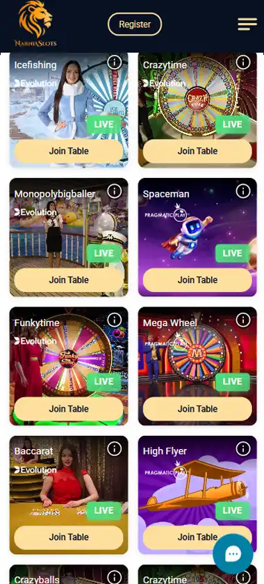 Narnia Slots Casino mobile live casino interface screenshot showing live dealer tables including blackjack and roulette - tested Narnia Slots Casino mobile live casino interface screenshot showing live dealer tables including blackjack and roulette - tested