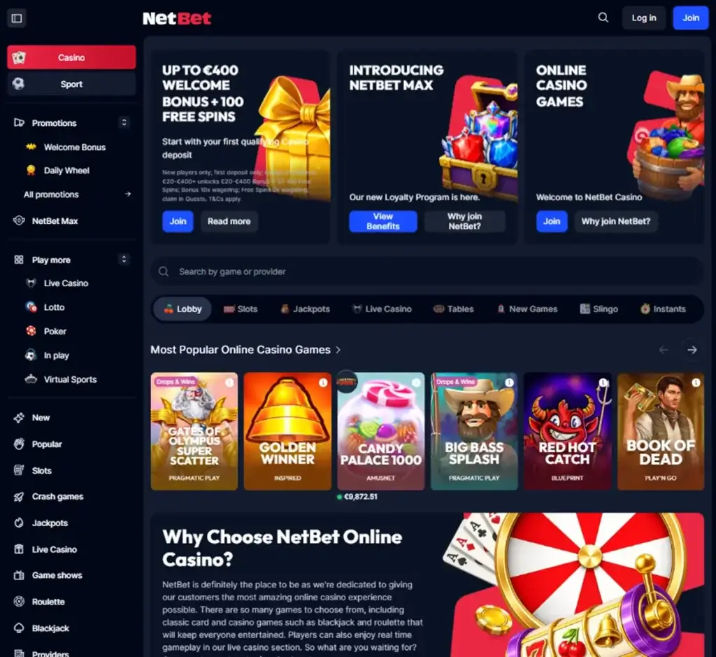 NetBet Casino desktop homepage screenshot displaying main casino lobby with featured games, promotions and navigation menu - tested
