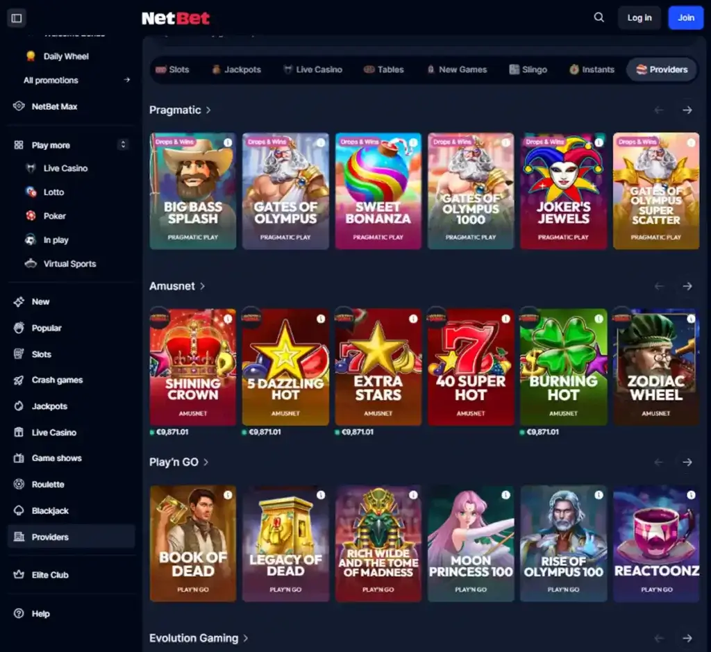 NetBet Casino desktop providers page displaying casino game providers including Pragmatic Play, Amusnet and other leading developers - tested