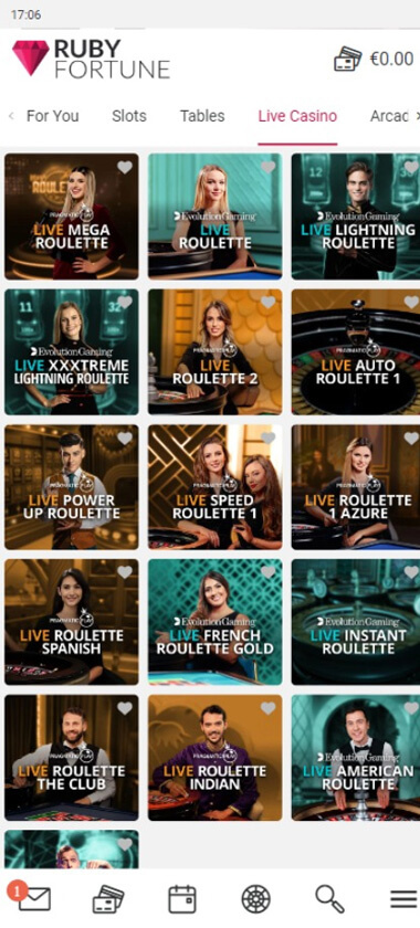 Ruby Fortune Casino mobile live casino screenshot showing real-dealer tables including roulette, blackjack and baccarat on smartphone interface - tested