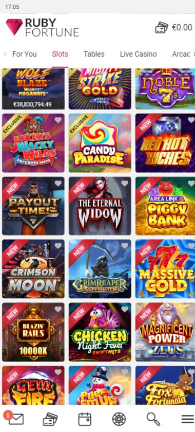 Ruby Fortune Casino mobile slots screenshot showing slot game categories, featured titles and navigation on smartphone interface - tested