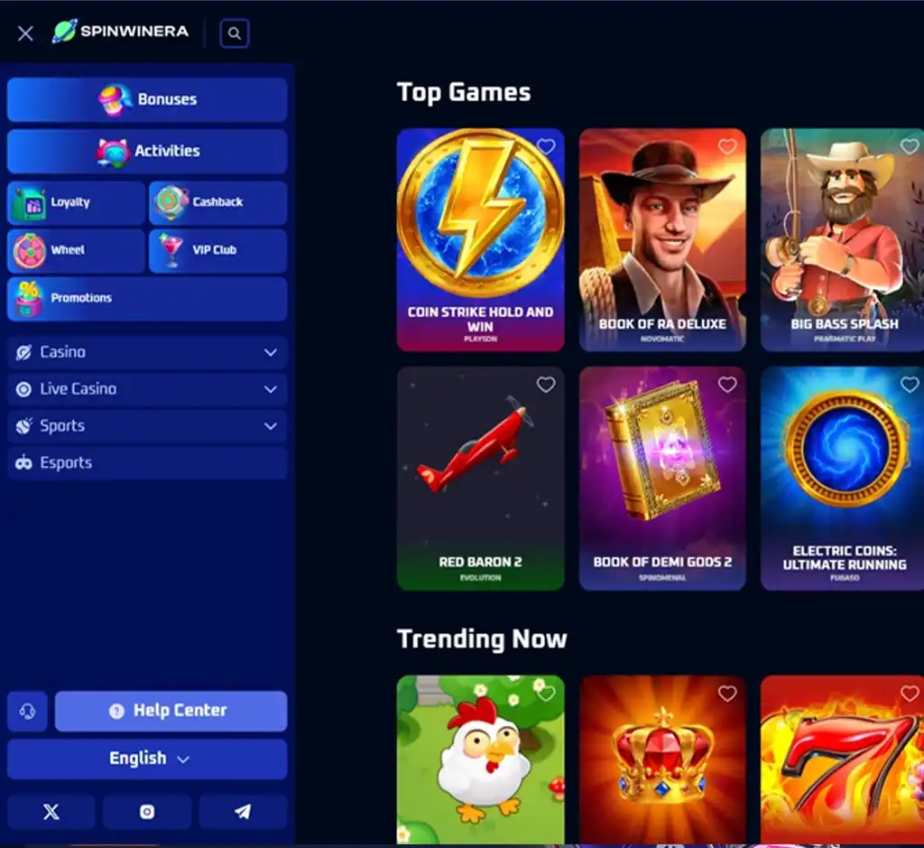 Spinwinera Casino desktop homepage screenshot displaying main casino lobby with featured games, promotions and navigation menu - tested