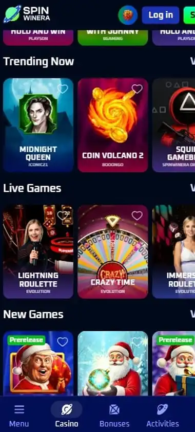 Spinwinera Casino mobile homepage screenshot showing main casino lobby with featured games and promotions - captured during platform testing