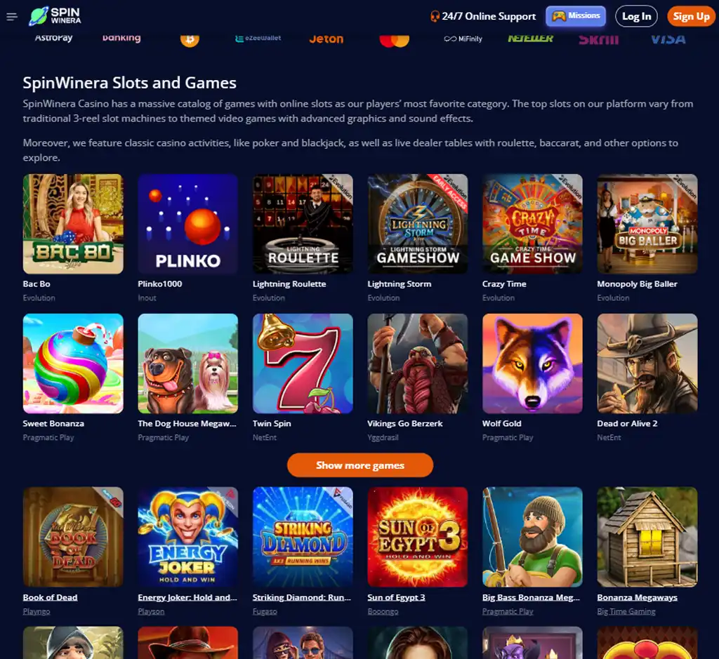 Spinwinera Casino desktop slots lobby screenshot presenting variety of slot games with categories and providers - verified