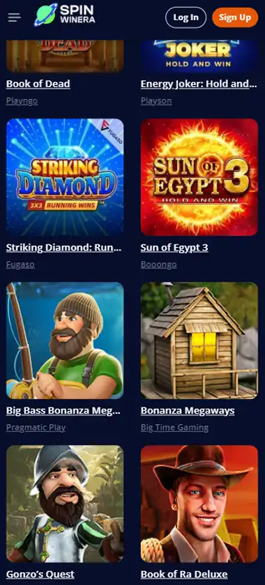 Spinwinera Casino mobile slots interface screenshot showing slot game selection with popular titles and filtering options - captured during platform testing