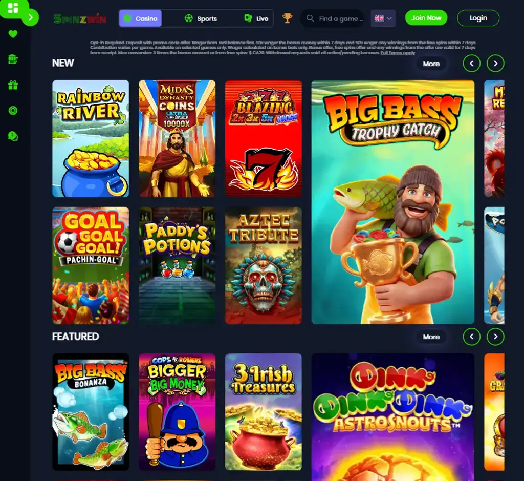 Spinzwin Casino desktop homepage screenshot displaying main lobby with featured games, promotions and navigation menu - tested Spinzwin Casino desktop homepage screenshot displaying main lobby with featured games, promotions and navigation menu - tested
