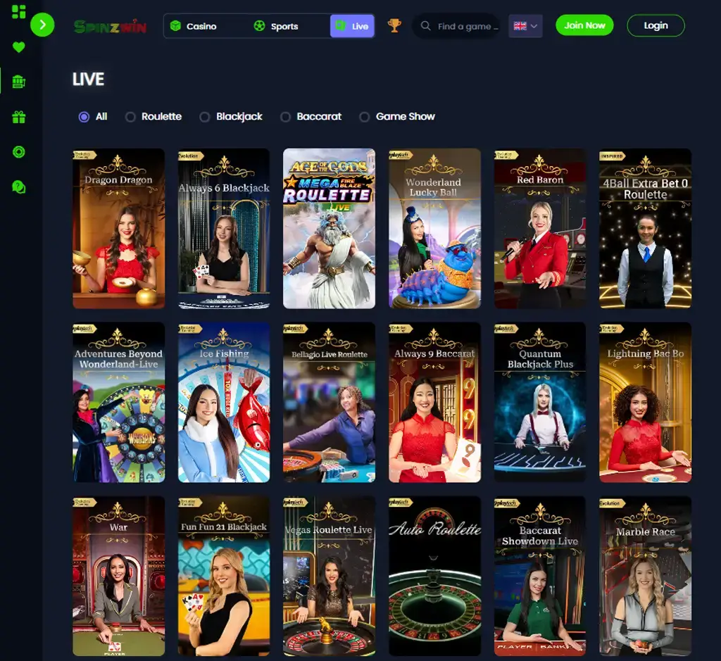 Spinzwin Casino desktop live casino lobby screenshot featuring live dealer games and real-time streaming interface - review testing Spinzwin Casino desktop live casino lobby screenshot featuring live dealer games and real-time streaming interface - review testing