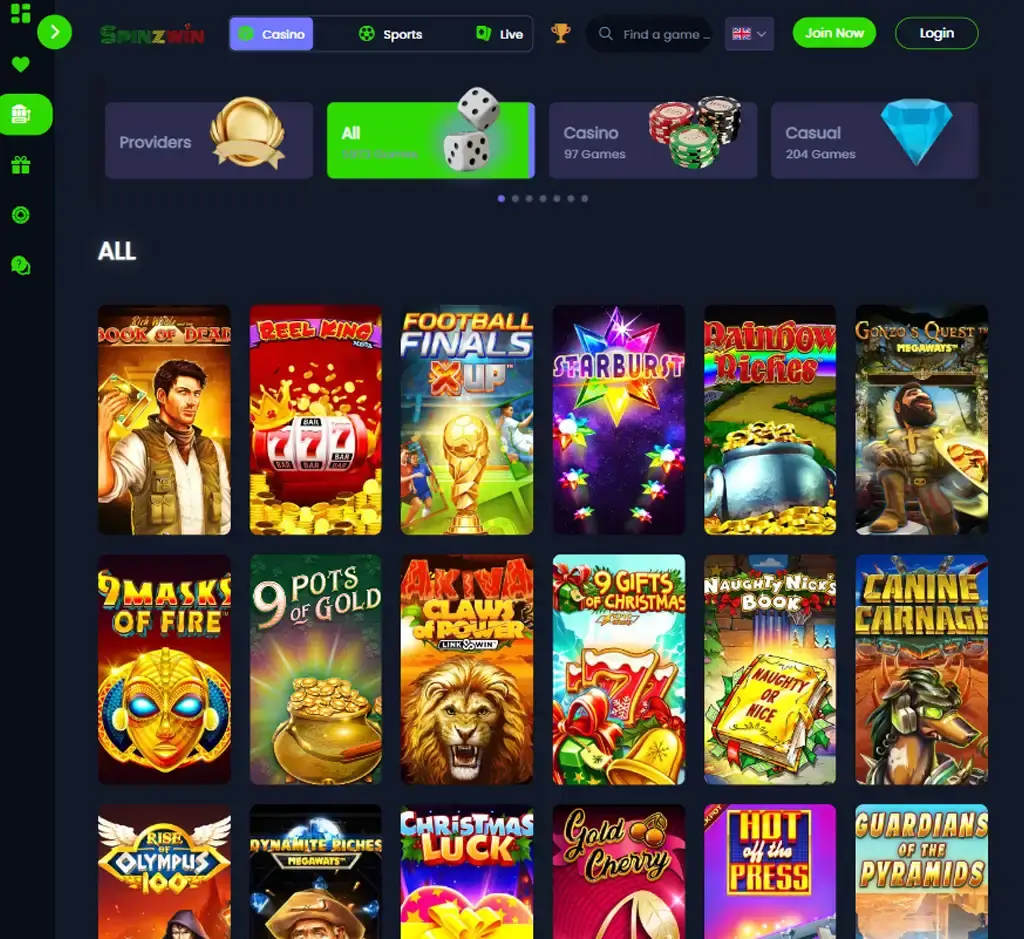 Spinzwin Casino desktop slots lobby screenshot presenting variety of slot games with categories and providers - verified Spinzwin Casino desktop slots lobby screenshot presenting variety of slot games with categories and providers - verified
