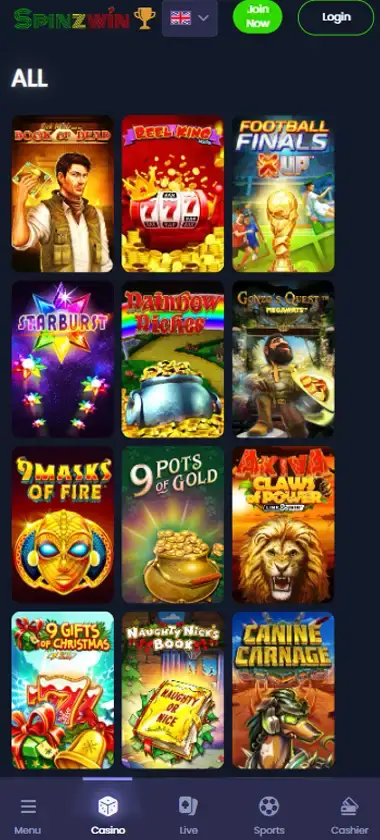 Spinzwin Casino mobile slots interface screenshot showing slot game selection with popular titles and filtering options - captured during platform testing Spinzwin Casino mobile slots interface screenshot showing slot game selection with popular titles and filtering options - captured during platform testing