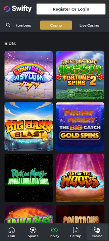 Swifty Casino mobile slots interface screenshot showing slot game selection with popular titles and filtering options - captured during platform testing Swifty Casino mobile slots interface screenshot showing slot game selection with popular titles and filtering options - captured during platform testing