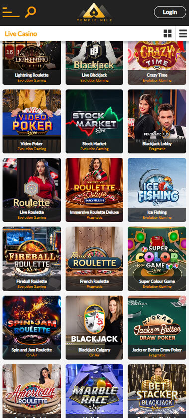 Temple Nile Casino mobile live casino interface screenshot showing live dealer tables including blackjack and roulette - tested Temple Nile Casino mobile live casino interface screenshot showing live dealer tables including blackjack and roulette - tested