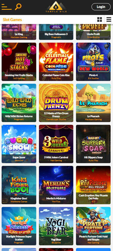 Temple Nile Casino mobile slots interface screenshot showing slot game selection with popular titles and filtering options - captured during platform testing Temple Nile Casino mobile slots interface screenshot showing slot game selection with popular titles and filtering options - captured during platform testing