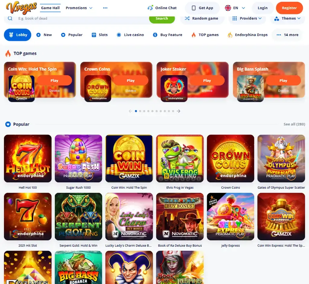 V Vegas Casino desktop homepage screenshot displaying main lobby with featured games, promotions and navigation menu - tested V Vegas Casino desktop homepage screenshot displaying main lobby with featured games, promotions and navigation menu - tested