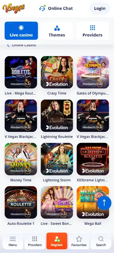 V Vegas Casino mobile live casino interface screenshot showing live dealer tables including blackjack and roulette - tested