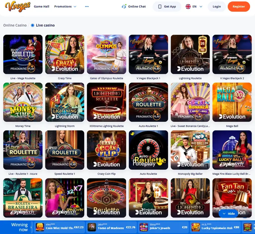 V Vegas Casino desktop live casino lobby screenshot featuring live dealer games and real-time streaming interface - review testing V Vegas Casino desktop live casino lobby screenshot featuring live dealer games and real-time streaming interface - review testing