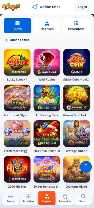 V Vegas Casino mobile slots interface screenshot showing slot game selection with popular titles and filtering options - captured during platform testing