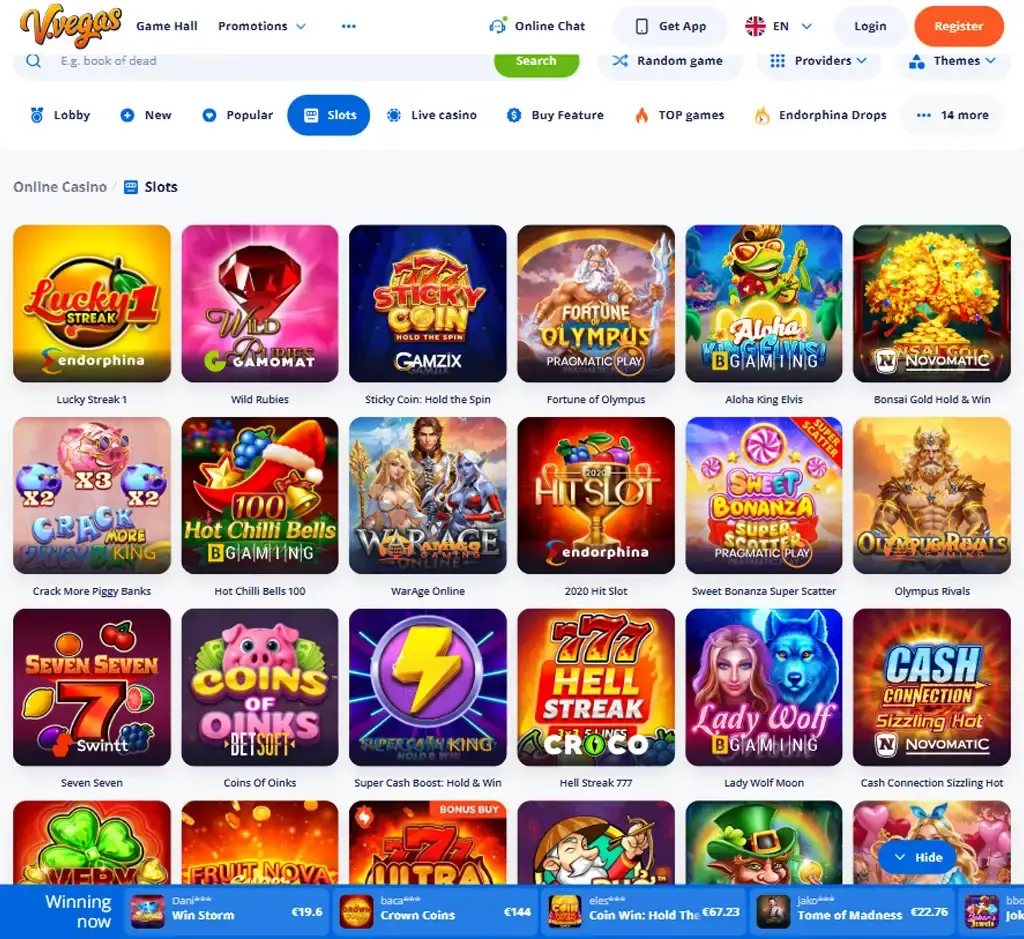 V Vegas Casino desktop slots lobby screenshot presenting variety of slot games with categories and providers - verified V Vegas Casino desktop slots lobby screenshot presenting variety of slot games with categories and providers - verified