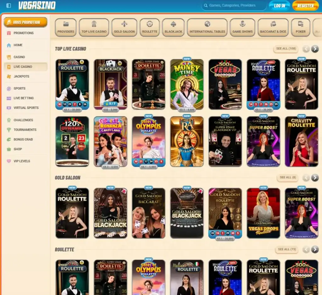 Vegasino Casino desktop live casino screenshot displaying live dealer tables, streaming interface, and game selection grid on widescreen layout - tested Vegasino Casino desktop live casino screenshot displaying live dealer tables, streaming interface, and game selection grid on widescreen layout - tested