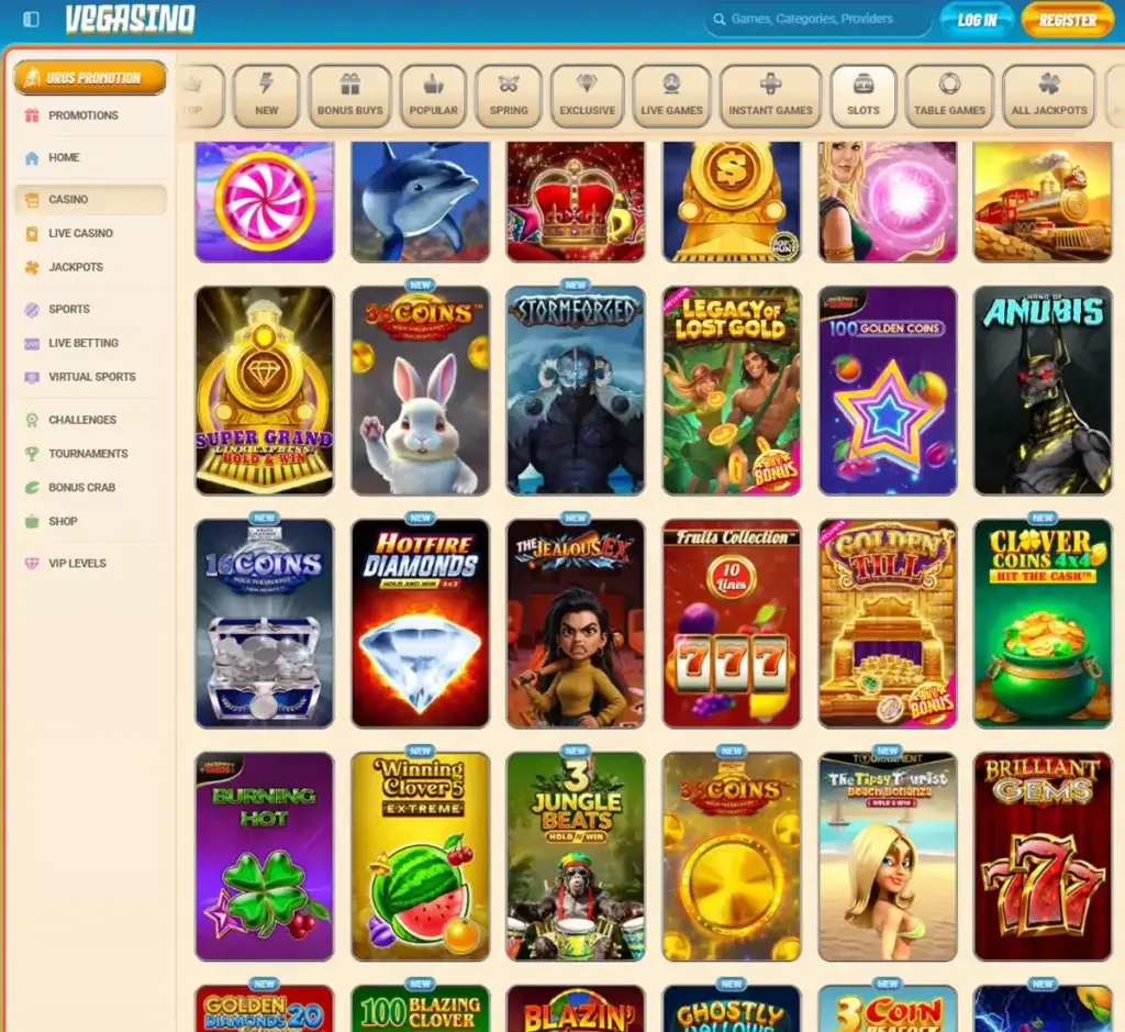 Vegasino Casino desktop slots screenshot displaying full game library with categories, featured slots, and filtering options on widescreen interface - tested Vegasino Casino desktop slots screenshot displaying full game library with categories, featured slots, and filtering options on widescreen interface - tested