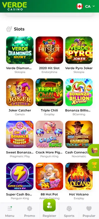 Verde Casino mobile slots interface screenshot showing slot game selection with popular titles and filtering options - captured during platform testing