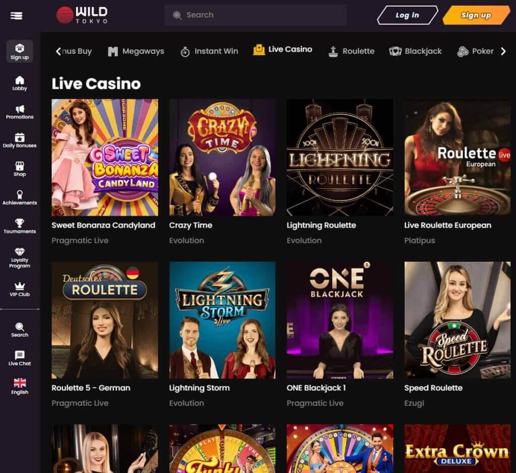 Wild Tokyo Casino desktop live casino games screenshot showing active roulette, blackjack and baccarat tables – tested