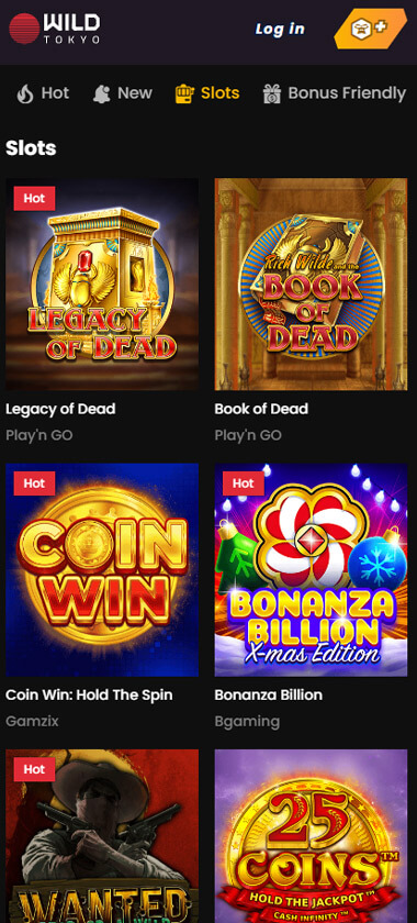 Wild Tokyo Casino mobile slots screenshot showing featured slot titles and categories – tested
