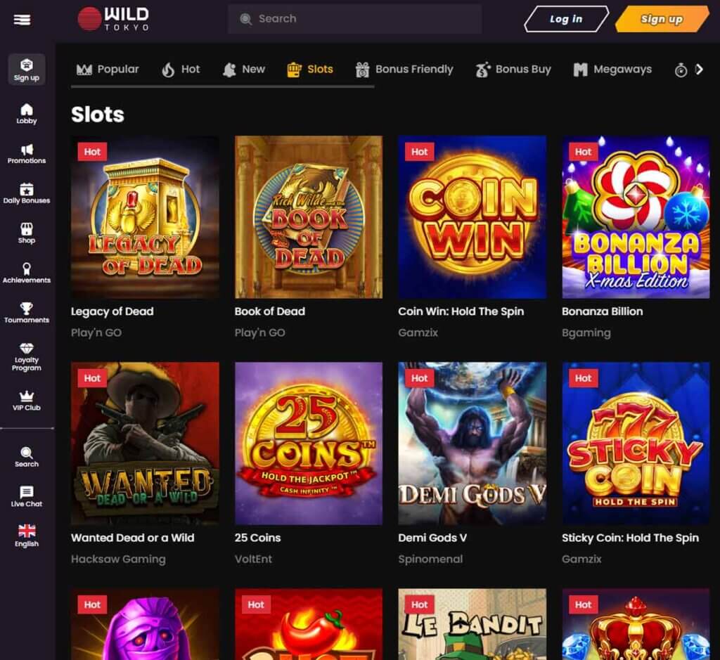 Wild Tokyo Casino desktop slots variety screenshot showing slot game grid and categories – tested