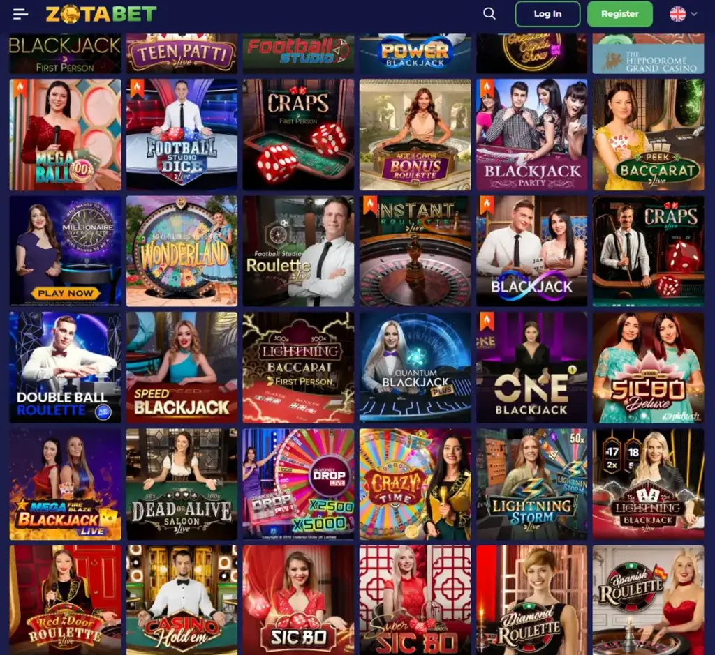 Zotabet Casino desktop live casino screenshot showing real-dealer tables including roulette, blackjack and baccarat with lobby navigation - tested
