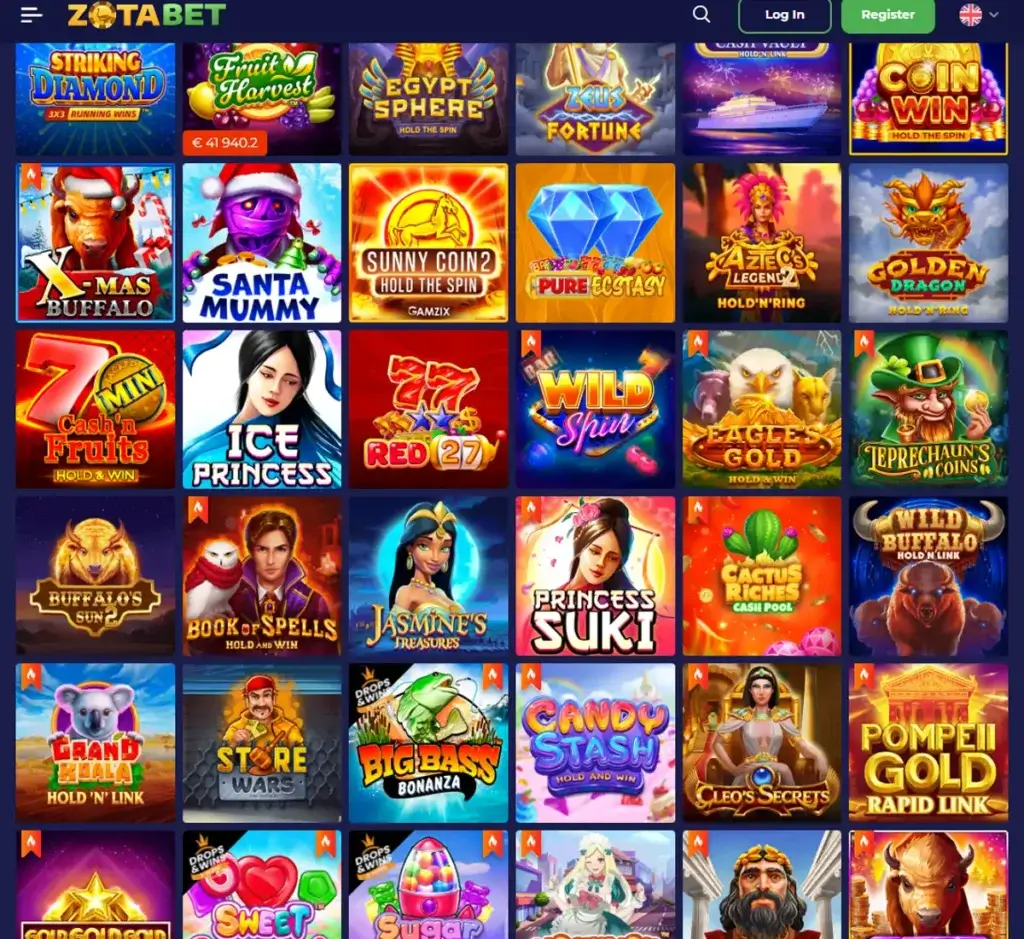Zotabet Casino desktop slots screenshot showing slot game categories, featured titles and filtering options - tested